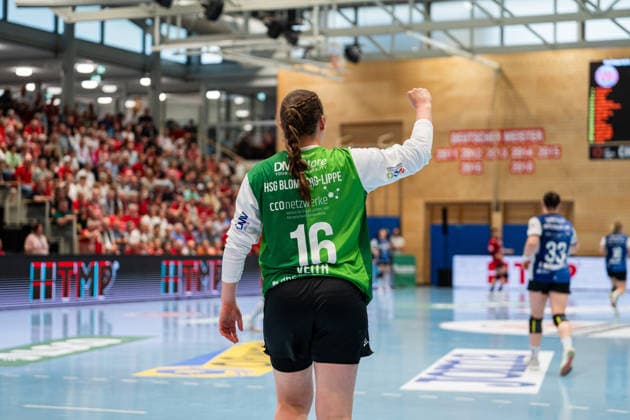 HSG Blomberg Lippe GER vs Thueringer HC GER , Handball, 1 Handball Bundesliga Women, Semifinal, Match 2, 3 5 2026, Season 2025 2026, Bad Langensalza Melanie Veith HSG Blomberg Lippe, 16 cheers after a save Bad Langensalza Salza Halle Germany