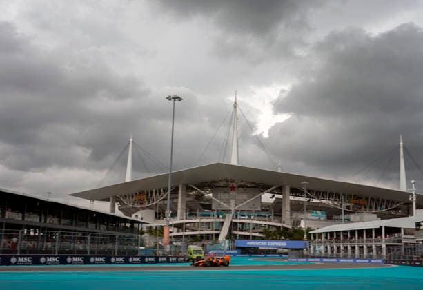 McLaren driver Lando Norris of Britain drives under dark clouds during the Formula One Miami Grand Prix at the Miami International Autodrome in Miami Gardens, Florida on Sunday, May 3, 2026.  MIA20260503909 GREGxNASH