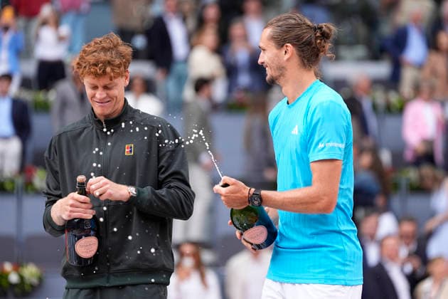 May 3, 2026, Madrid, Madrid, Spain: Jannik Sinner of Italy (winner) and Alexander Zverev of Germany (second place) celebrate after the Men s Singles Final of Mutua Madrid Open 2026 at La Caja Magica on May 03, 2026 in Madrid, Spain. Mutua Madrid Open 2026 - Day 14  - ZUMAa181 20260503_zaa_a181_263 Copyright: xOscarxJ.xBarrosox