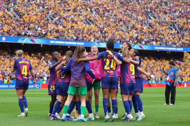 BARCELONA, SPAIN, MAY 3: FC Barcelona, Barca players celebrate after qualifying to the final during the UEFA Womens Champions League match between FC Barcelona and Bayern Munich at Spotify Camp Nou on May 3rd, 2026 in Barcelona, Spain (Photo by Alexander Canillas Sports Press Photo)  Copyright: xAlexanderxCanillas SPPx Sportspressphoto_SPR141161