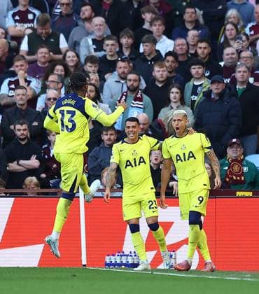 Richarlison of Tottenham Hotspur celebrates scoring their sides second goal with team-mates Aston Villa v Tottenham Hotspur, Premier League, Football, Villa Park, Birmingham , UK - 03 May 2026Birmingham Villa Park United Kingdom EDITORIAL USE ONLY No use with unauthorised audio, video, data, fixture lists, club league logos or live services. Online in-match use limited to 120 images, no video emulation. No use in betting, games or single club league player publications. Copyright: xMichaelxZemanek Shutterstockx 16854596ab