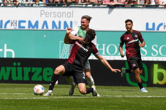 276. Frankenderby: SpVgg Greuther Fuerth vs. 1.FC Nürnberg Football, 2nd Bundesliga 276. Frankenderby: SpVgg Greuther Fuerth vs. 1.FC Nürnberg 3 May 2026 Sportpark Ronhof Thomas Sommer, Fuerth, Germany Image: (fLTR) Felix Klaus (Fürth), Fabio Gruber (Nürnberg) DFL regulations prohibit any use of photographs as image sequences and or quasi-video Copyright: xPresseFotoxEvansx xRyanxEvansx