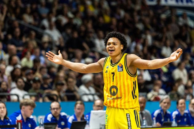 GER, easy Credit Basketball Bundesliga, ALBA Berlin Niners Chemnitz 03 05 2026, Uber Arena, Berlin, GER, easy Credit Basketball Bundesliga, ALBA Berlin Niners Chemnitz Jack Kayil ALBA Berlin 7 desperate Photo Alexander Trienitz Berlin Uber Arena Berlin Germany