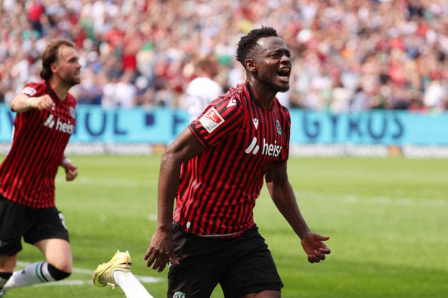 Hannover 96 vs Münster, 2 BL Hannover, 03 05 2026, Football Men, 2 BL, Season 2025 2026, Hannover 96 vs Preußen Münster, Mustapha Bundu Hannover96 cheers after his goal to 2 2 DFL DFB REGULATIONS PROHIBIT ANY USE OF PHOTOGRAPHS as IMAGE SEQUENCES and or QUASI VIDEO Heinz von Heiden Arena Niedersachsen Germany