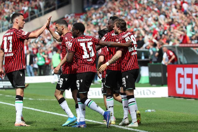 Hannover 96 vs Münster, 2 BL Hannover, 03 05 2026, Soccer Men, 2 BL, Season 2025 2026, Hannover 96 vs Preußen Münster, Mustapha Bundu Hannover96 cheers with teammates after his goal for 2 2 DFL DFB REGULATIONS PROHIBIT ANY USE OF PHOTOGRAPHS as IMAGE SEQUENCES and or QUASI VIDEO Heinz von Heiden Arena Niedersachsen Germany