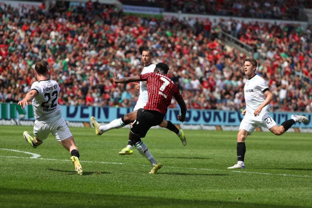 Hannover 96 vs Münster, 2 BL Hannover, 03 05 2026, Football Men, 2 BL, Season 2025 2026, Hannover 96 vs Preußen Münster, Mustapha Bundu Hannover96 scores goal to 1 2, Jannis Heuer Münster , Jano Ter Horst Münster DFL DFB REGULATIONS PROHIBIT ANY USE OF PHOTOGRAPHS as IMAGE SEQUENCES and or QUASI VIDEO Heinz von Heiden Arena Niedersachsen Germany