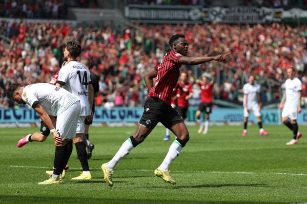 Hannover 96 vs Münster, 2 BL Hannover, 03 05 2026, Football Men, 2 BL, Season 2025 2026, Hannover 96 vs Preußen Münster, Mustapha Bundu Hannover96 cheers after his goal to 1 2 DFL DFB REGULATIONS PROHIBIT ANY USE OF PHOTOGRAPHS as IMAGE SEQUENCES and or QUASI VIDEO Heinz von Heiden Arena Niedersachsen Germany