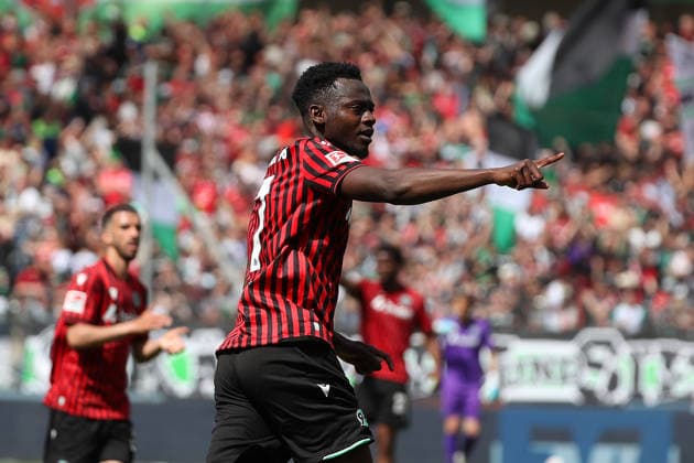 Hannover 96 vs Münster, 2 BL Hannover, 03 05 2026, Football Men, 2 BL, Season 2025 2026, Hannover 96 vs Preußen Münster, Mustapha Bundu Hannover96 cheers after his goal to 1 2 DFL DFB REGULATIONS PROHIBIT ANY USE OF PHOTOGRAPHS as IMAGE SEQUENCES and or QUASI VIDEO Heinz von Heiden Arena Niedersachsen Germany