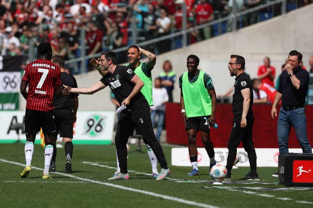 Hannover 96 vs Münster, 2 BL Hannover, 03 05 2026, Soccer Men, 2 BL, Season 2025 2026, Hannover 96 vs Preußen Münster, Mustapha Bundu Hannover96 cheers with team after his goal for 1 2 DFL DFB REGULATIONS PROHIBIT ANY USE OF PHOTOGRAPHS as IMAGE SEQUENCES and or QUASI VIDEO Heinz von Heiden Arena Niedersachsen Germany