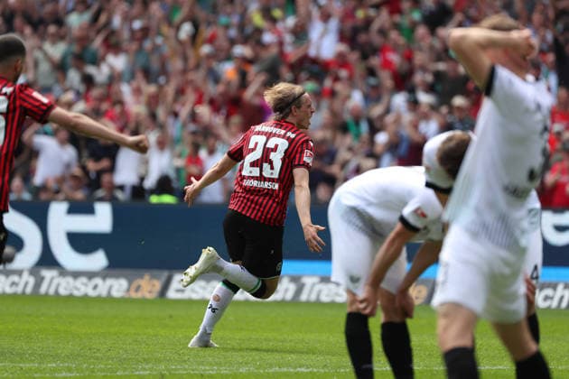 Hannover 96 vs Münster, 2 BL Hannover, 03 05 2026, Soccer Men, 2 BL, Season 2025 2026, Hannover 96 vs Preußen Münster, Stefan Teitur Thordarson Hannover 96 cheers after his goal for 3 2 DFL DFB REGULATIONS PROHIBIT ANY USE OF PHOTOGRAPHS as IMAGE SEQUENCES and or QUASI VIDEO Heinz von Heiden Arena Niedersachsen Germany