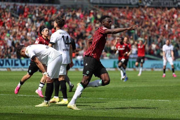 Hannover 96 vs Münster, 2 BL Hannover, 03 05 2026, Football Men, 2 BL, Season 2025 2026, Hannover 96 vs Preußen Münster, Mustapha Bundu Hannover96 cheers after his goal to 1 2 DFL DFB REGULATIONS PROHIBIT ANY USE OF PHOTOGRAPHS as IMAGE SEQUENCES and or QUASI VIDEO Heinz von Heiden Arena Niedersachsen Germany