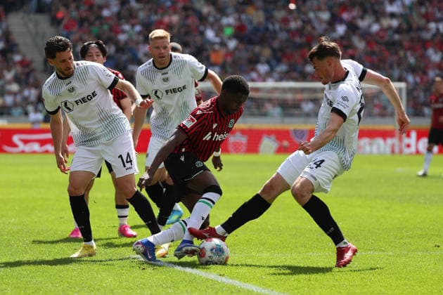 Hannover 96 vs Münster, 2 BL Hannover, 03 05 2026, Football Men, 2 BL, Season 2025 2026, Hannover 96 vs Preußen Münster, Charalambos Makridis Münster , Noel Aseko Nkili Hannover 96 ,Niko Koulis Münster , DFL DFB REGULATIONS PROHIBIT ANY USE OF PHOTOGRAPHS as IMAGE SEQUENCES and or QUASI VIDEO Heinz von Heiden Arena Niedersachsen Germany