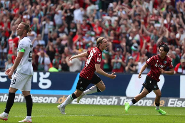 Hannover 96 vs Münster, 2 BL Hannover, 03 05 2026, Soccer Men, 2 BL, Season 2025 2026, Hannover 96 vs Preußen Münster, Stefan Teitur Thordarson Hannover 96 cheers after his goal for 3 2 DFL DFB REGULATIONS PROHIBIT ANY USE OF PHOTOGRAPHS as IMAGE SEQUENCES and or QUASI VIDEO Heinz von Heiden Arena Niedersachsen Germany