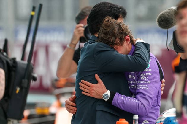 RECORD DATE NOT STATED 3rd May 2026; Miami International Autodrome, Miami, Florida, United States of America; 2026 FIA Formula 1 Miami Grand Prix Race Day; President of the Federation Internationale de l Automobile (FIA) Mohammed Ben Sulayem hugs Kimi Antonelli (12) of Italy and Mercedes-AMG PETRONAS Formula One Team after he wins the Grand Prix DavidxBuono