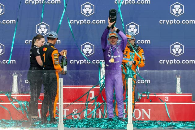 RECORD DATE NOT STATED 3rd May 2026; Miami International Autodrome, Miami, Florida, United States of America; 2026 FIA Formula 1 Miami Grand Prix Race Day; Kimi Antonelli (12) of Italy and Mercedes-AMG PETRONAS Formula One Team celebrates his win on the podium with Lando Norris (1) of Great Britain and McLaren Mastercard F1 Team and Oscar Piastri (81) of Australia and McLaren Mastercard F1 Team DavidxBuono