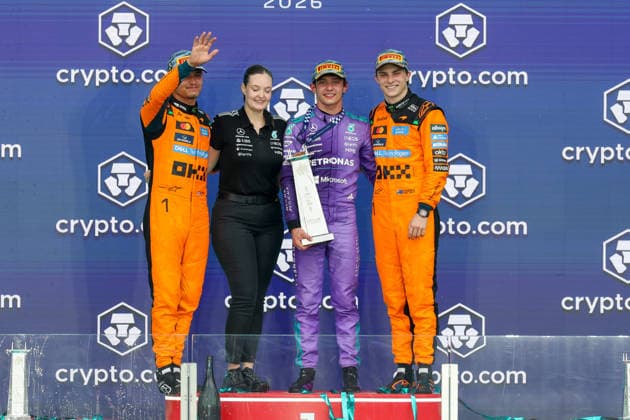 RECORD DATE NOT STATED 3rd May 2026; Miami International Autodrome, Miami, Florida, United States of America; 2026 FIA Formula 1 Miami Grand Prix Race Day; Kimi Antonelli (12) of Italy and Mercedes-AMG PETRONAS Formula One Team, Lando Norris (1) of Great Britain and McLaren Mastercard F1 Team and Oscar Piastri (81) of Australia and McLaren Mastercard F1 Team on the podium after finishing first, second and third respectively DavidxBuono