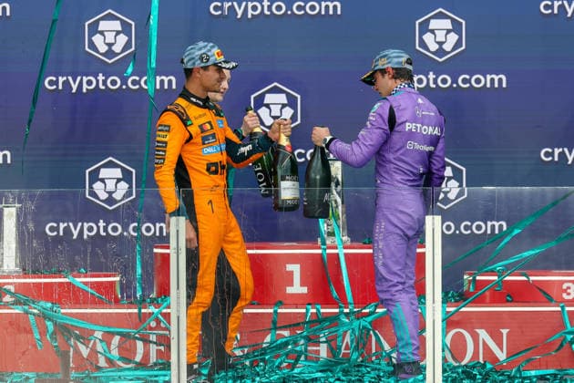 RECORD DATE NOT STATED 3rd May 2026; Miami International Autodrome, Miami, Florida, United States of America; 2026 FIA Formula 1 Miami Grand Prix Race Day; Kimi Antonelli (12) of Italy and Mercedes-AMG PETRONAS Formula One Team celebrates with Lando Norris (1) of Great Britain and McLaren Mastercard F1 Team on the podium DavidxBuono