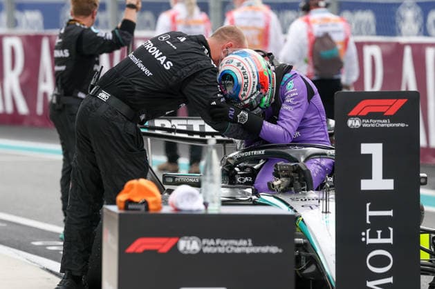 RECORD DATE NOT STATED 3rd May 2026; Miami International Autodrome, Miami, Florida, United States of America; 2026 FIA Formula 1 Miami Grand Prix Race Day; Kimi Antonelli (12) of Italy and Mercedes-AMG PETRONAS Formula One Team gets a hug from a team member after winning DavidxBuono