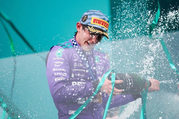 F1 - MIAMI GRAND PRIX 2026 KIMI ANTONELLI Andrea (ita), Mercedes AMG F1 Team W16, portrait Podium celebration during the Formula 1 Miami Grand Prix 2026, 4th round of the 2026 Formula One World Championship, WM, Weltmeisterschaft from May 1 to 3, 2026 on the Miami International Autodrome, in Miami Gardens, USA - Miami GardensUnited States  Copyright: xEricxAlonsox