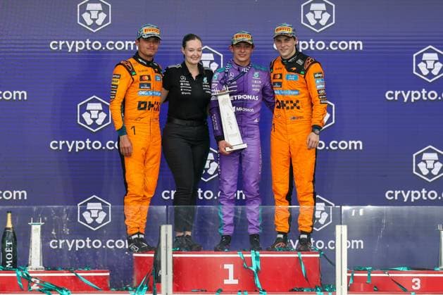 l r on the podium, 2nd place Lando Norris McLaren Formula 1 Team , Amy Walker Mercedes AMG Petronas , Winner, Winner, Kimi Antonelli Mercedes AMG Petronas 12 , 3rd place Oscar Piastri McLaren Formula 1 Team 81 , Grand Prix of Miami, Motorsport, Men, Formula 1, Race, 03 05 2026 Miami Florida USA Copyright: xkolbert-press ChristianxKolbertx