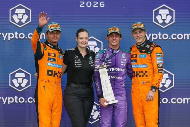 l r on the podium, 2nd place Lando Norris McLaren Formula 1 Team , Amy Walker Mercedes AMG Petronas , Winner, Winner, Kimi Antonelli Mercedes AMG Petronas 12 , 3rd place Oscar Piastri McLaren Formula 1 Team 81 , Grand Prix of Miami, Motorsport, Men, Formula 1, Race, 03 05 2026 Miami Florida USA Copyright: xkolbert-press ChristianxKolbertx