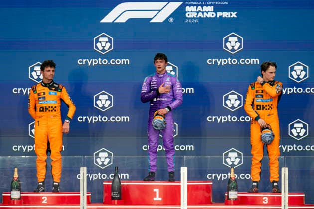 May 3, 2026, Miami, United States: (Left to right)British driver LANDO NORRIS (McLaren F1 Team), Italian driver ANDREA KIMI ANTONELLI (Mercedes-AMG F1 Team) and Australian driver OSCAR PIASTRI (McLaren F1 Team) are seen on the podium after the F1 Miami Grand Prix at Miami International Autodrome in Miami, United States. Formula 1 2026: Miami Grand Prix - Antonelli Wins  - ZUMAg147 20260503_fap_g147_017 Copyright: xJamesxGasperottix
