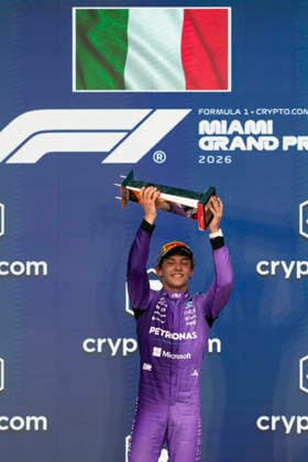 May 3, 2026, Miami, United States: Italian driver ANDREA KIMI ANTONELLI (Mercedes-AMG F1 Team) is seen on the podium after winning the F1 Miami Grand Prix at Miami International Autodrome in Miami, United States. Formula 1 2026: Miami Grand Prix - Antonelli Wins  - ZUMAg147 20260503_fap_g147_014 Copyright: xJamesxGasperottix