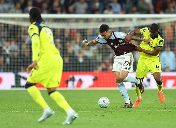 Morgan Rogers of Aston Villa competes for the ball with Kevin Danso of Tottenham Hotspur Aston Villa v Tottenham Hotspur, Premier League, Football, Villa Park, Birmingham , UK - 03 May 2026Birmingham Villa Park United Kingdom EDITORIAL USE ONLY No use with unauthorised audio, video, data, fixture lists, club league logos or live services. Online in-match use limited to 120 images, no video emulation. No use in betting, games or single club league player publications. Copyright: xMichaelxZemanek Shutterstockx 16854596bo