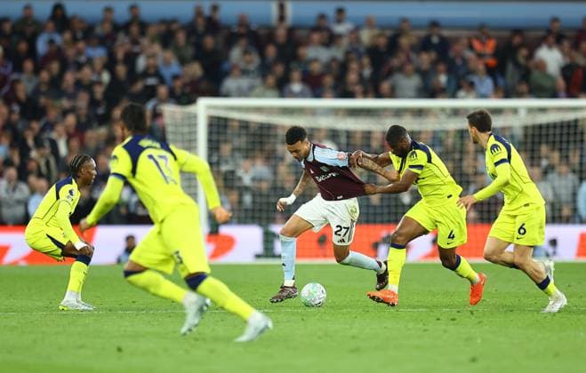 Morgan Rogers of Aston Villa competes for the ball with Kevin Danso of Tottenham Hotspur Aston Villa v Tottenham Hotspur, Premier League, Football, Villa Park, Birmingham , UK - 03 May 2026Birmingham Villa Park United Kingdom EDITORIAL USE ONLY No use with unauthorised audio, video, data, fixture lists, club league logos or live services. Online in-match use limited to 120 images, no video emulation. No use in betting, games or single club league player publications. Copyright: xMichaelxZemanek Shutterstockx 16854596bp
