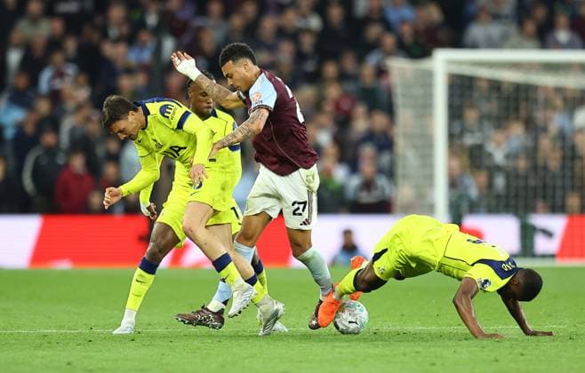 Morgan Rogers of Aston Villa competes for the ball with Joao Palhinha of Tottenham Hotspur and Kevin Danso of Tottenham Hotspur Aston Villa v Tottenham Hotspur, Premier League, Football, Villa Park, Birmingham , UK - 03 May 2026Birmingham Villa Park United Kingdom EDITORIAL USE ONLY No use with unauthorised audio, video, data, fixture lists, club league logos or live services. Online in-match use limited to 120 images, no video emulation. No use in betting, games or single club league player publications. Copyright: xMichaelxZemanek Shutterstockx 16854596bq