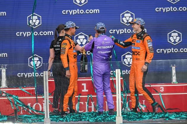 F1 - MIAMI GRAND PRIX 2026 KIMI ANTONELLI Andrea (ita), Mercedes AMG F1 Team W16, NORRIS Lando (gbr), McLaren F1 Team MCL40, PIASTRI Oscar (aus), McLaren F1 Team MCL40, portrait, podium during the Formula 1 Miami Grand Prix 2026, 4th round of the 2026 Formula One World Championship, WM, Weltmeisterschaft from May 1 to 3, 2026 on the Miami International Autodrome, in Miami Gardens, USA - Miami GardensUnited States  Copyright: xDPPIx