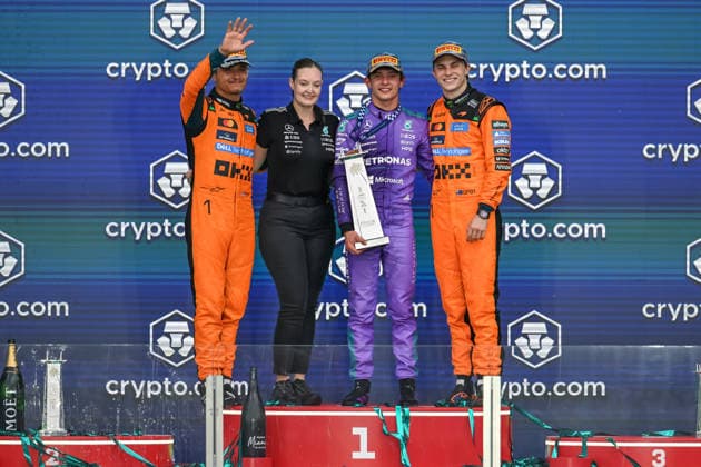 F1 - MIAMI GRAND PRIX 2026 KIMI ANTONELLI Andrea (ita), Mercedes AMG F1 Team W16, NORRIS Lando (gbr), McLaren F1 Team MCL40, PIASTRI Oscar (aus), McLaren F1 Team MCL40, portrait, podium during the Formula 1 Miami Grand Prix 2026, 4th round of the 2026 Formula One World Championship, WM, Weltmeisterschaft from May 1 to 3, 2026 on the Miami International Autodrome, in Miami Gardens, USA - Miami GardensUnited States  Copyright: xDPPIx