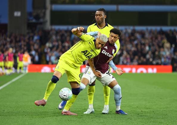 Richarlison of Tottenham Hotspur competes for the ball with Jadon sancho of Aston Villa Aston Villa v Tottenham Hotspur, Premier League, Football, Villa Park, Birmingham , UK - 03 May 2026Birmingham Villa Park United Kingdom EDITORIAL USE ONLY No use with unauthorised audio, video, data, fixture lists, club league logos or live services. Online in-match use limited to 120 images, no video emulation. No use in betting, games or single club league player publications. Copyright: xMichaelxZemanek Shutterstockx 16854596bu