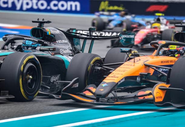 Formula One Miami Grand Prix - Race Mercedes driver George Russell of Britain (L) and McLaren driver Oscar Piastri of Australia compete in the Formula 1 Miami Grand Prix at the Miami International Autodrome in Miami Gardens, Florida, USA, 03 May 2026. MIAMI GARDENS United States  Copyright: xCRISTOBALxHERRERA-ULASHKEVICHx