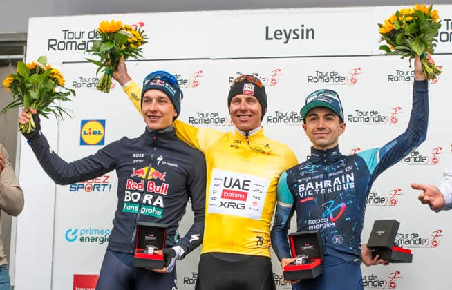 May 3, 2026, Leysin, Vaud, Switzerland: Leysin Switzerland, 05 03 2026: The final pduim of the Tour de Romandie 2026, DORIAN GODON of Deacthlon AG2R La Mondiale (Left), TADEJ POGACAR 1 (yellow jersey) of UAE Team (Milleux) and Florian Lipowitz FLORIAN LIPOWITZ of RedBull Bora) (Right) during Tour de Romandie 2026. Tour de Romandie 2026. The 5th and final stage of the Tour de Romandie between Lucens and Leysin and took place in City center in Leysin. Cycling 2026: Tour De Romandie  - ZUMAd206 20260503_zip_d206_011 Copyright: xEricxDubostx