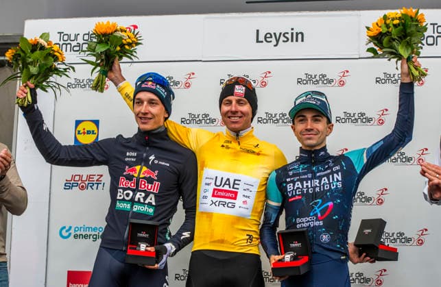 May 3, 2026, Leysin, Vaud, Switzerland: Leysin Switzerland, 05 03 2026: The final pduim of the Tour de Romandie 2026, DORIAN GODON of Deacthlon AG2R La Mondiale (Left), TADEJ POGACAR 1 (yellow jersey) of UAE Team (Milleux) and Florian Lipowitz FLORIAN LIPOWITZ of RedBull Bora) (Right) during Tour de Romandie 2026. Tour de Romandie 2026. The 5th and final stage of the Tour de Romandie between Lucens and Leysin and took place in City center in Leysin. Cycling 2026: Tour De Romandie  - ZUMAd206 20260503_zip_d206_015 Copyright: xEricxDubostx