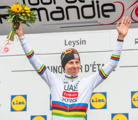 May 3, 2026, Leysin, Vaud, Switzerland: Leysin Switzerland, 05 03 2026: TADEJ POGACAR 1 (UCI world champion s outfit) of UAE Team Won the 5th stage of the Tour de Romandie 2026. Tour de Romandie 2026. The 5th and final stage of the Tour de Romandie between Lucens and Leysin and took place in City center in Leysin. Leysin Switzerland - ZUMAd206 20260503_zip_d206_006 Copyright: xEricxDubostx