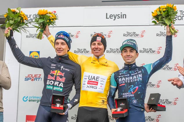 May 3, 2026, Leysin, Vaud, Switzerland: Leysin Switzerland, 05 03 2026: The final pduim of the Tour de Romandie 2026, DORIAN GODON of Deacthlon AG2R La Mondiale (Left), TADEJ POGACAR 1 (yellow jersey) of UAE Team (Milleux) and Florian Lipowitz FLORIAN LIPOWITZ of RedBull Bora) (Right) during Tour de Romandie 2026. Tour de Romandie 2026. The 5th and final stage of the Tour de Romandie between Lucens and Leysin and took place in City center in Leysin. Leysin Switzerland - ZUMAd206 20260503_zip_d206_014 Copyright: xEricxDubostx