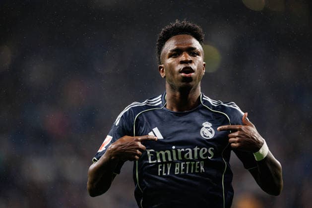 Vinicius Vini Junior seen celebrating after scoring goal during LaLiga EASPORTS game between teams of RCD Espanyol de Barcelona and Real Madrid FC at RCDE Stadium (Maciej Rogowski Ball Raw Images) Barcelona RCDE Stadium Spain Copyright: xMaciejxRogowskix maciejrogowski_espanyol_real_2526-3