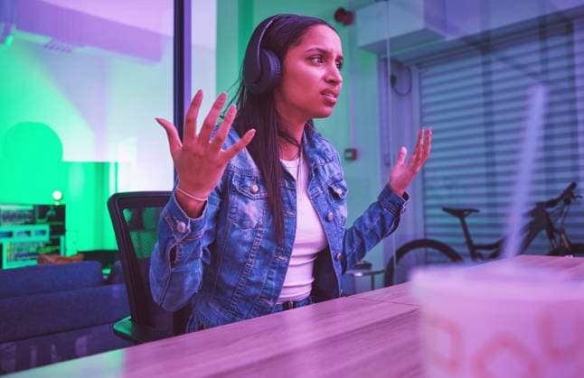 Woman, headphones or stress in neon house basement in esports burnout, 404 gaming glitch or challenge fail. What, confused or gamer in dark home with streaming headset, software crisis or competition. (License=RF) 19883637 ,model released, Symbolfoto  Copyright: xZoonar.com YurixArcursxpeopleimages.comx 19883637 ,model released, Symbolfoto ,property released