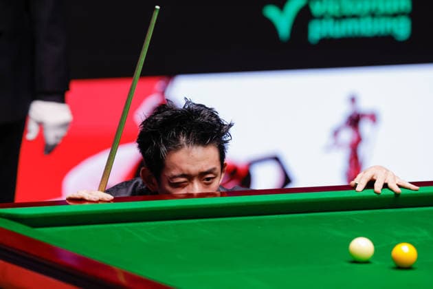 Sheffield, England, 3rd May 2026. Wu Yize looks over the table during the Shaun Murphy vs Wu Yize Halo World Championship, WM, Weltmeisterschaft 2026 Final match at The Crucible, Sheffield. Picture credit should read: Cody Froggatt Sportimage EDITORIAL USE ONLY. No use with unauthorised audio, video, data, fixture lists, club league logos or live services. Online in-match use limited to 120 images, no video emulation. No use in betting, games or single club league player publications. SPI_069_CF_Sheffield_Snooker_World_Championship_Day_16 SPI-4785-0071