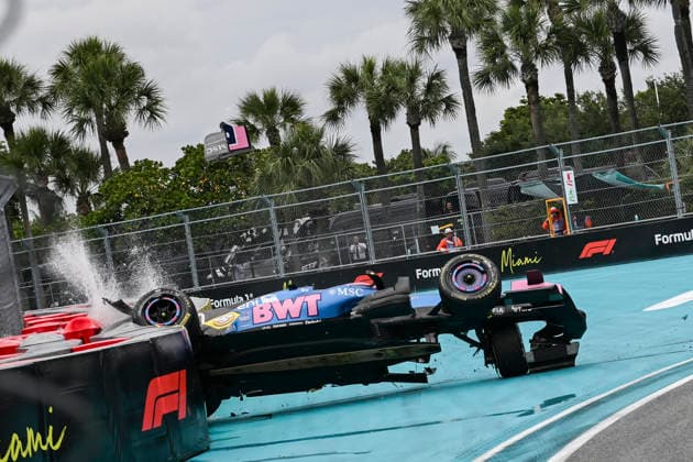 May 3, 2026, Miami Gardens, United States of America: PIERRE GASLY (FRA) of Alpine 10 crashes into turn 18 after a rollover accident during race day of the 2026 Formula 1 Miami Grand Prix. F1 2026: Miami Grand Prix: Race Day  - ZUMAb177 20260503_aap_b177_073 Copyright: xTaidghxBarronx