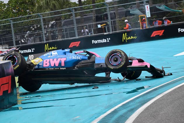 May 3, 2026, Miami Gardens, United States of America: PIERRE GASLY (FRA) of Alpine 10 crashes into turn 18 after a rollover accident during race day of the 2026 Formula 1 Miami Grand Prix. F1 2026: Miami Grand Prix: Race Day  - ZUMAb177 20260503_aap_b177_067 Copyright: xTaidghxBarronx