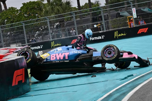 May 3, 2026, Miami Gardens, United States of America: PIERRE GASLY (FRA) of Alpine 10 crashes into turn 18 after a rollover accident during race day of the 2026 Formula 1 Miami Grand Prix. F1 2026: Miami Grand Prix: Race Day  - ZUMAb177 20260503_aap_b177_063 Copyright: xTaidghxBarronx