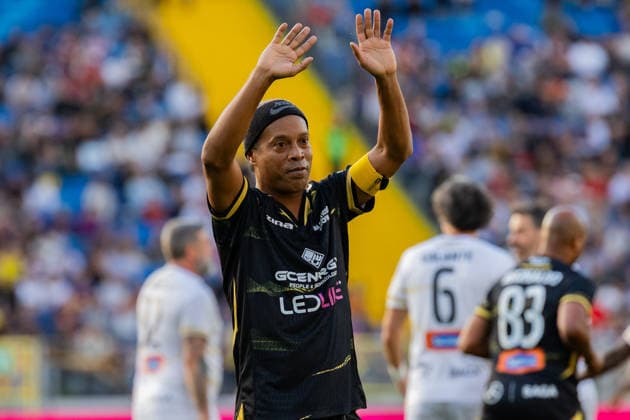 Galacticos Show Poland 2026 friendly match in Chorzow, Poland Ronaldinho Gaucho celebrates a goal during the Galacticos Show Poland 2026 match between Gladiator Team and Samurai Team at Superauto.pl Silesian Stadium. Copyright: xMikolajxBarbanellx