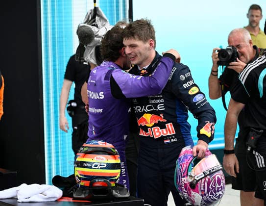 May 3, 2026, Miami Gardens, Florida, USA: Mercedes Formula 1 driver Kimi Antonelli embraces Red Bull driver Max Verstappen after, Kimi wins the Formula 1 2026 Grand Prix on May 3, 2026, at Miami International Autodrome in Miami Gardens, FL. 2026 Formula 1 Crypto.Com Miami Grand Prix  - ZUMAsd3_ 20260503_znp_sd3_072 Copyright: xMichelexEvexSandbergx