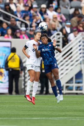 SAN DIEGO, CA - MAY 03: Bay FC defender Sydney Collins (16) and San Diego Wave FC forward Ludmila da Silva (17) compete for the ball during a NWSL match between Bay FC and San Diego Wave FC on May 3, 2026 at Snapdragon Stadium in San Diego, CA. (Photo by Karl Anderson Icon Sportswire) SOCCER: MAY 03 NWSL SD Wave vs Bay FC EDITORIAL USE ONLY Icon272260503013