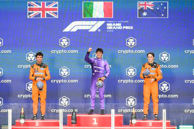 MIAMI GARDENS, FL - MAY 03: Mercedes-AMG PETRONAS driver Kimi Antonelli of Italy celebrates winning the Formula 1 Crypto.com Miami Grand Prix along with McLaren driver Lando Norris of the United Kingdom finishing in second place and McLaren driver Oscar Piastri of Australia finishing in third place on May 3, 2026, at Miami International Autodrome in Miami Gardens, FL. (Photo by Doug Murray Icon Sportswire) AUTO: MAY 03 F1 Miami Grand Prix EDITORIAL USE ONLY Icon796260503038