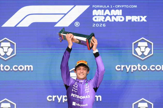 MIAMI GARDENS, FL - MAY 03: Mercedes-AMG PETRONAS driver Kimi Antonelli of Italy raises the trophy as he celebrates winning the Formula 1 Crypto.com Miami Grand Prix on May 3, 2026, at Miami International Autodrome in Miami Gardens, FL. (Photo by Doug Murray Icon Sportswire) AUTO: MAY 03 F1 Miami Grand Prix EDITORIAL USE ONLY Icon796260503039