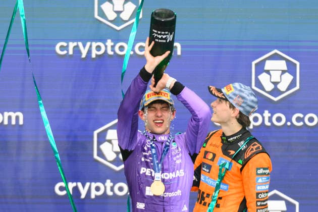 MIAMI GARDENS, FL - MAY 03: Mercedes-AMG PETRONAS driver Kimi Antonelli of Italy pours champagne on him as he celebrates winning the Formula 1 Crypto.com Miami Grand Prix on May 3, 2026, at Miami International Autodrome in Miami Gardens, FL. (Photo by Doug Murray Icon Sportswire) AUTO: MAY 03 F1 Miami Grand Prix EDITORIAL USE ONLY Icon796260503031